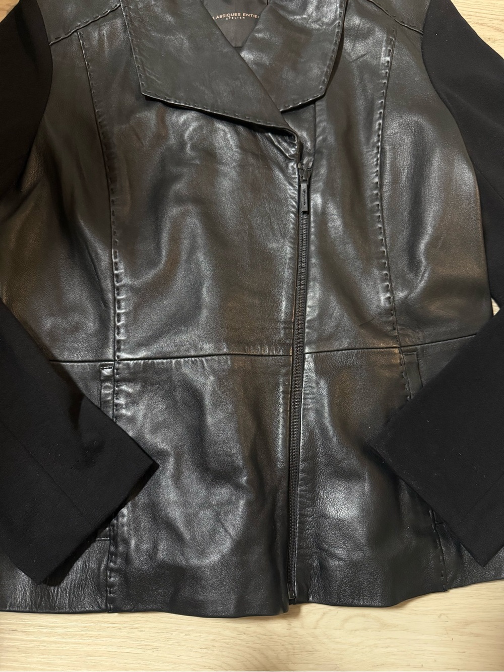 Classiques Entier Black Leather Zip Up Jacket Knit Sleeves Women’s Size Large - Picture 4 of 7